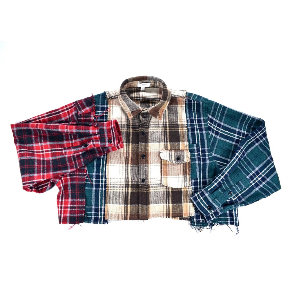 Better Be Patchwork Plaid Cropped Flannel Shirt Multi-Color Raw Hem Medium